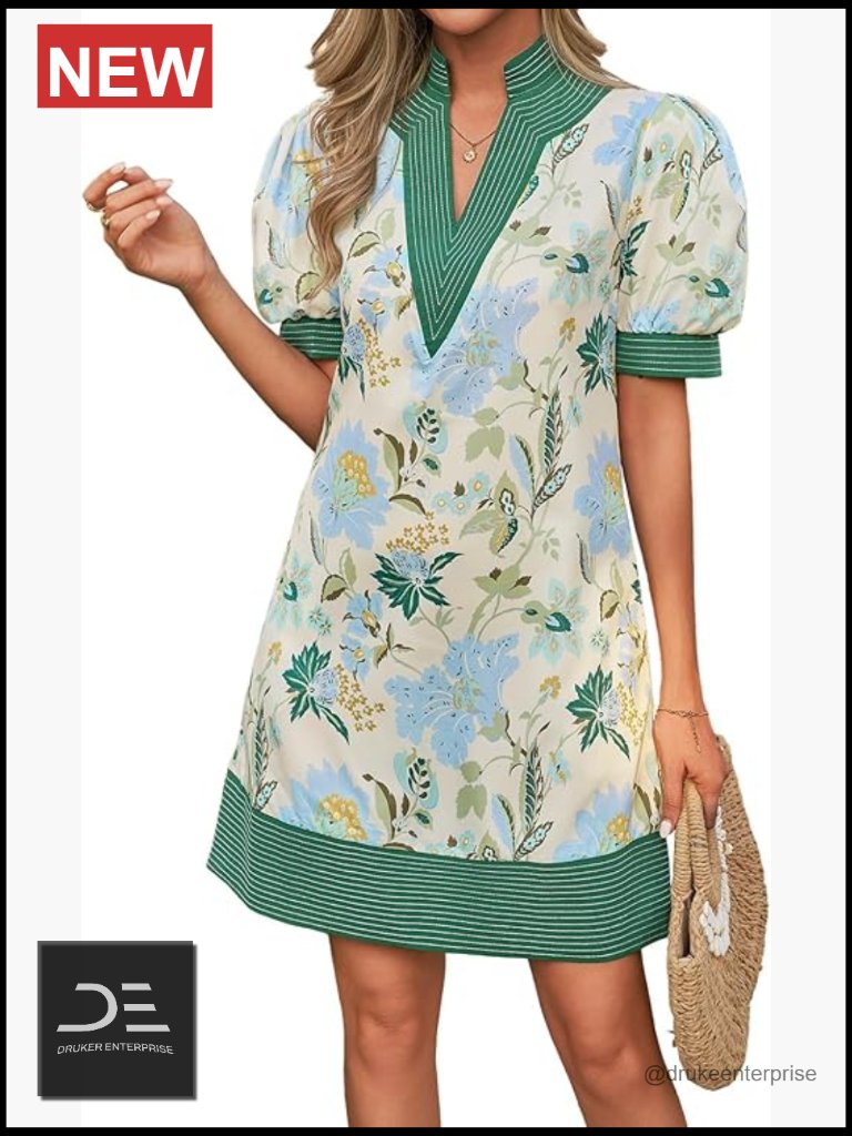 V Neck Shift Dress With Pockets Puff Short Sleeve Color Block